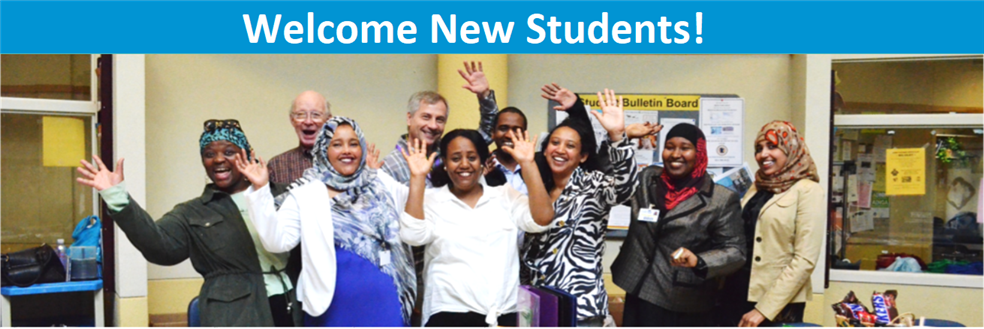 Header says Welcome New Students! Picture shows Hubbs Center students smiling and waving in the student lounge